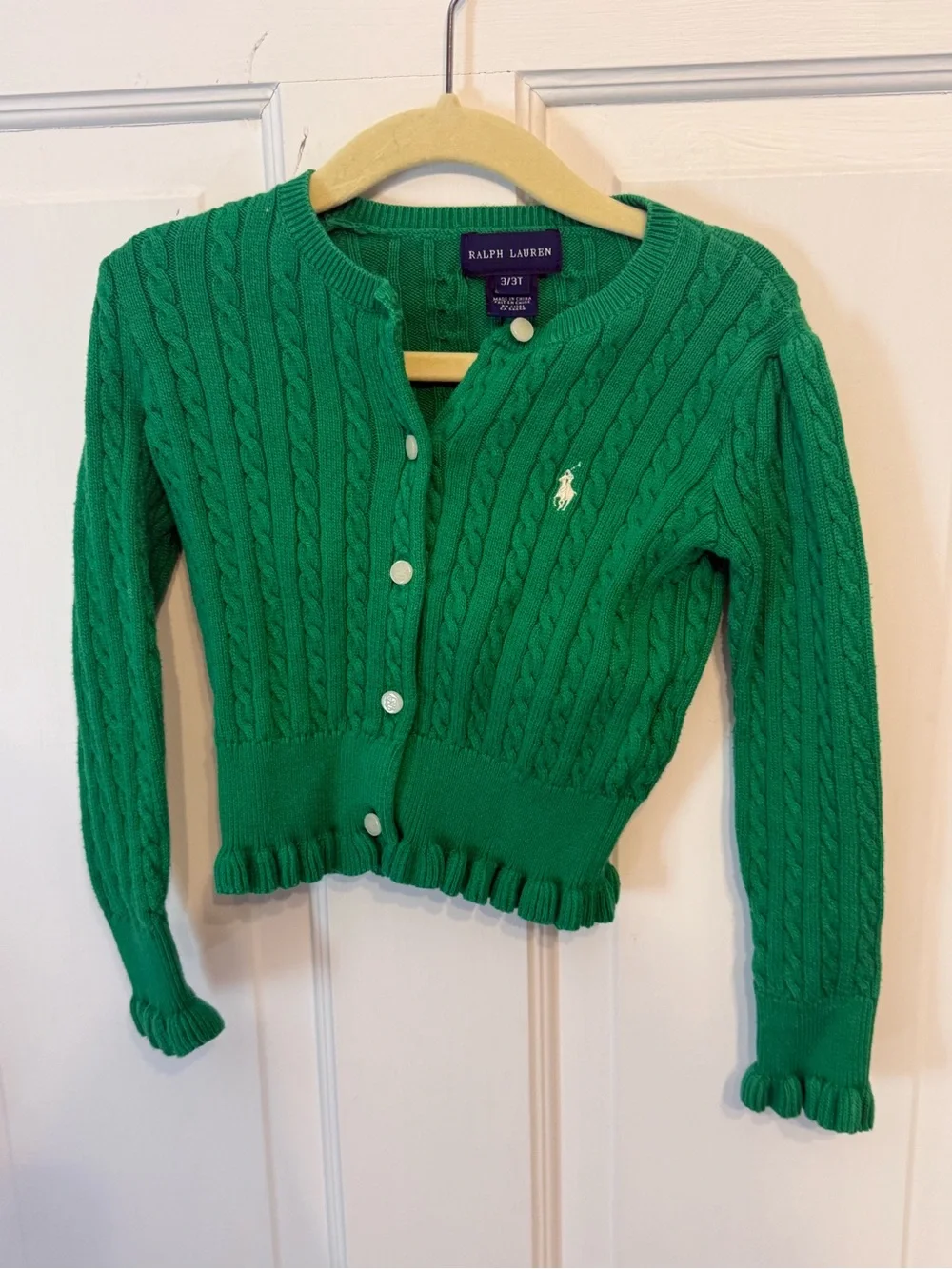 Ralph Lauren Emerald Cable-Knit Cropped Cardigan with Ruffle Hem